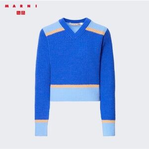 MARNI X UNIQLO Knitted Blue Sweater V Neck Color block Women’s Size XL Academia